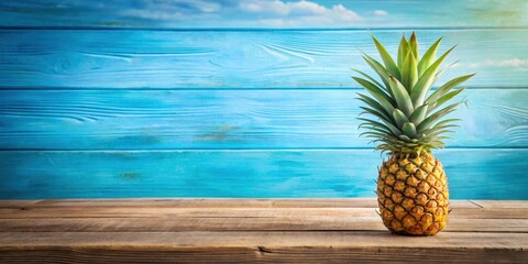 Tropical pineapple on wooden plank with blue frame background