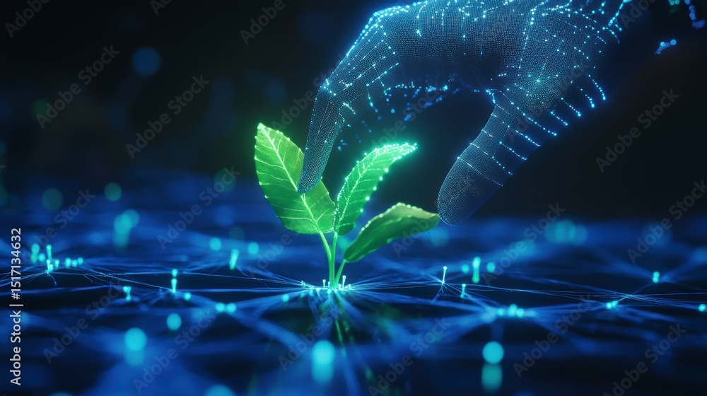 Poster digital hand gently tending a small sprout emerging from a network of glowing lines.