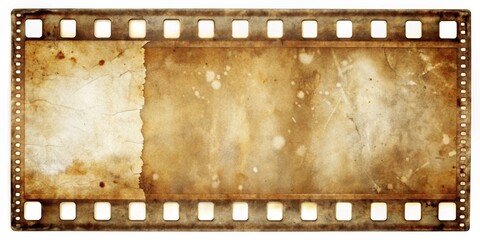Faded celluloid film strip with visible dust particles and scratches, aged to perfection, torn, film degradation