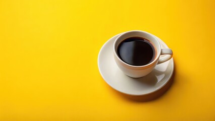 Warm cup of black coffee on a bright yellow background, isolated on a neutral surface , morning, isolation