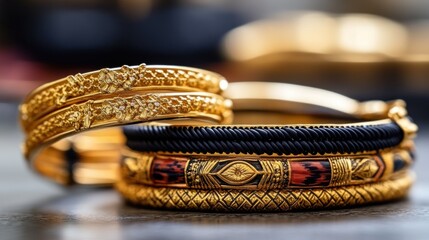 Close-up of golden and patterned bangles