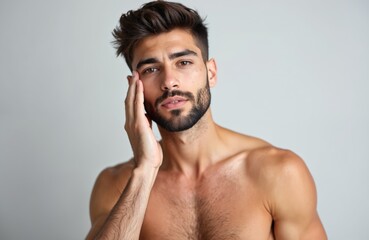 Fototapeta premium Young handsome serious man touches his face. Perfect smooth skin, beard isolated over grey color background. Wellness, skincare, beauty, bodycare concepts. Male model, body, torso, healthy lifestyle.