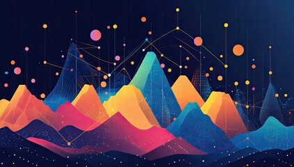 Abstract landscape of colorful mountains with data points and lines
