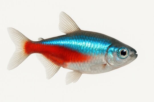 Neon tetra fish swimming with vibrant colors on white background