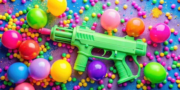 A Nerf blaster with a bright pink barrel and green handle sitting on a colorful background with multicolored confetti and balloons, vibrant decoration, colorful background