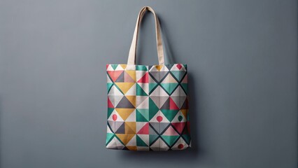 Minimalist tote bag design on gray background with colorful fabric patterns and geometric shapes , graphics, print,  graphics