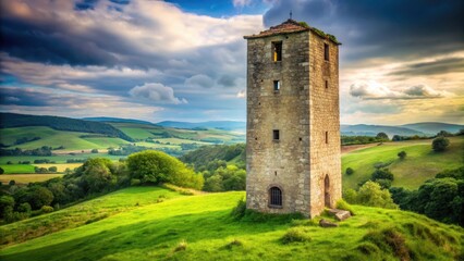 Ancient stone tower standing alone in a green landscape