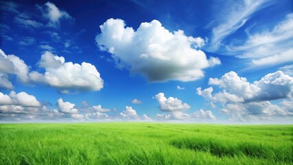 Obraz premium A serene landscape with a vast blue sky featuring fluffy white clouds against a light green grass background, serenity, sky, serenity