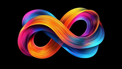Vibrant, abstract infinity symbol.  Fluid, colorful swirls create a continuous loop.  Bold colors blend seamlessly on a black background