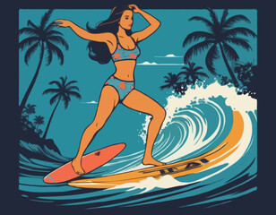 Vintage illustration of hawaii, surfing, girl hawaii vector t shirt design, vector graphic, typographic poster or tshirts street wear and Urban style