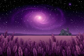 Selbstklebende Fototapeten A tranquil landscape featuring an enchanting purple sky with swirling galaxies sparkling above a vintage barn amidst tall golden wheat fields illuminated by starlight © Leo Rohmann