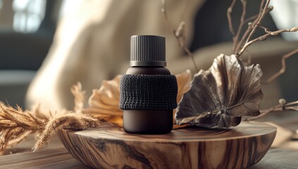 Dark brown glass bottle with knit wrap, on wooden tray, surrounded by natural elements