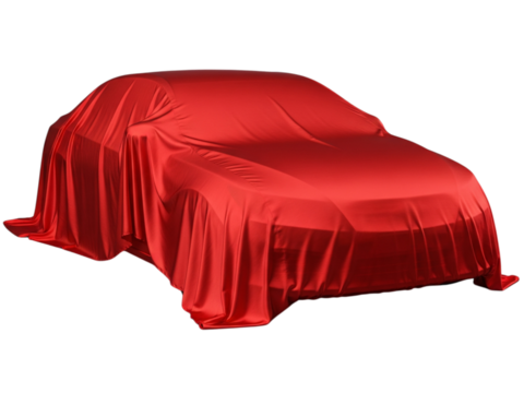 Covered car in red silk cloth isolated on transparent background