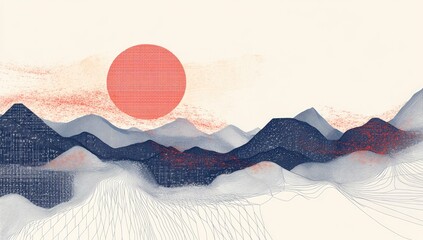 Abstract landscape with a large, coral sun over textured mountains
