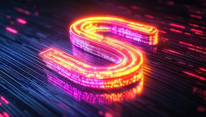Neon capital letter "S" outlined in vibrant pink and orange,  set against a dark background of glowing, digital circuitry.  