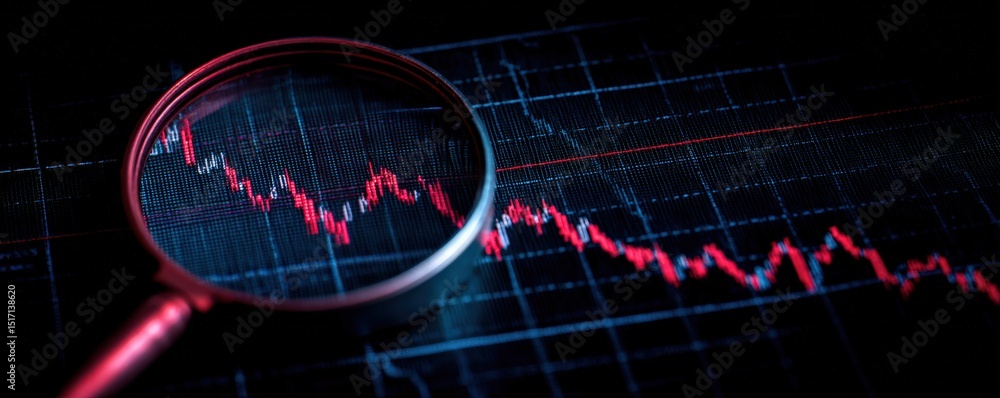 Poster a magnifying glass focuses on a declining stock market graph shown in red on a digital screen.