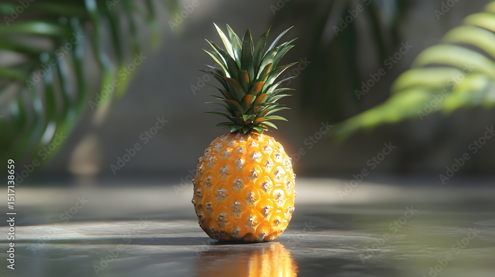 Poster pineapple with subtle reflection on a glossy soft grey surface