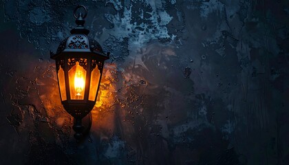 Illuminated ornate lantern on a dark textured wall with ambient evening light.