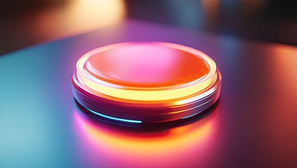 Round button, vibrant neon lights, futuristic design