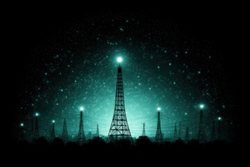 Ethereal landscape showcasing illuminated radio towers against a starry night sky creating a captivating digital ambiance highlighted by vibrant teal hues and powerful energy symbolism