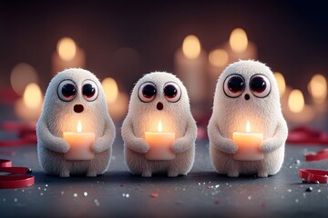 Obraz premium Whimsical candlelit creatures: A heartwarming illustration of cute characters