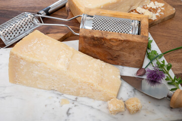 Traditional italian food, 36 months aged in caves Italian parmesan hard cheese from Parmigiano-Reggiano, Italy