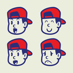 Set of cute cartoon boy face expressions wearing red cap. Fun hand-drawn style with happy, sad, shocked, and smiling emotions. Perfect for sticker, avatar, or emoji use