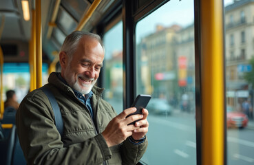 Smiling senior passenger types message on cellphone during city bus ride. Elderly man enjoys modern tech, stays connected on public transport. Mature commuter uses smartphone during commute.
