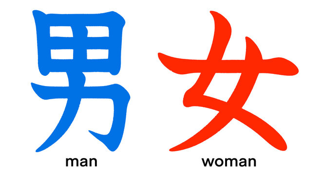 Japanese kanji characters for man and woman isolated on transparent background, calligraphy art