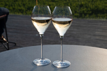 Glasses of white sparkling wine brut, grand reserve, champagne on green hilly vineyards in old wine making grand cru Ay-Champagne village in Vallee de la Marne, Champagne, France