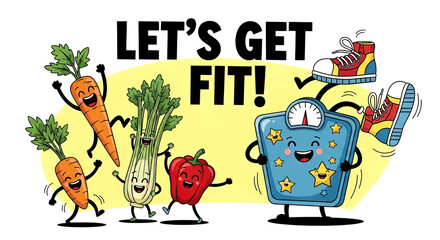 Vibrant illustration featuring cheerful vegetables and a scale, encouraging fitness and healthy living, with a fun and engaging atmosphere