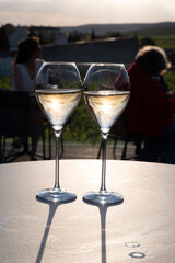 Glasses of white sparkling wine brut, grand reserve, champagne on green hilly vineyards in old wine making grand cru Ay-Champagne village in Vallee de la Marne, Champagne, France