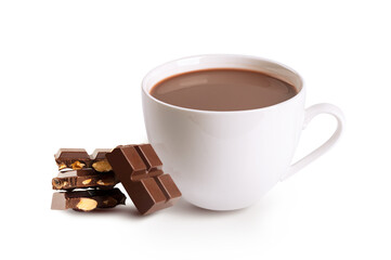 Cup of hot cocoa drink with chocolate bar isolated on white background.
