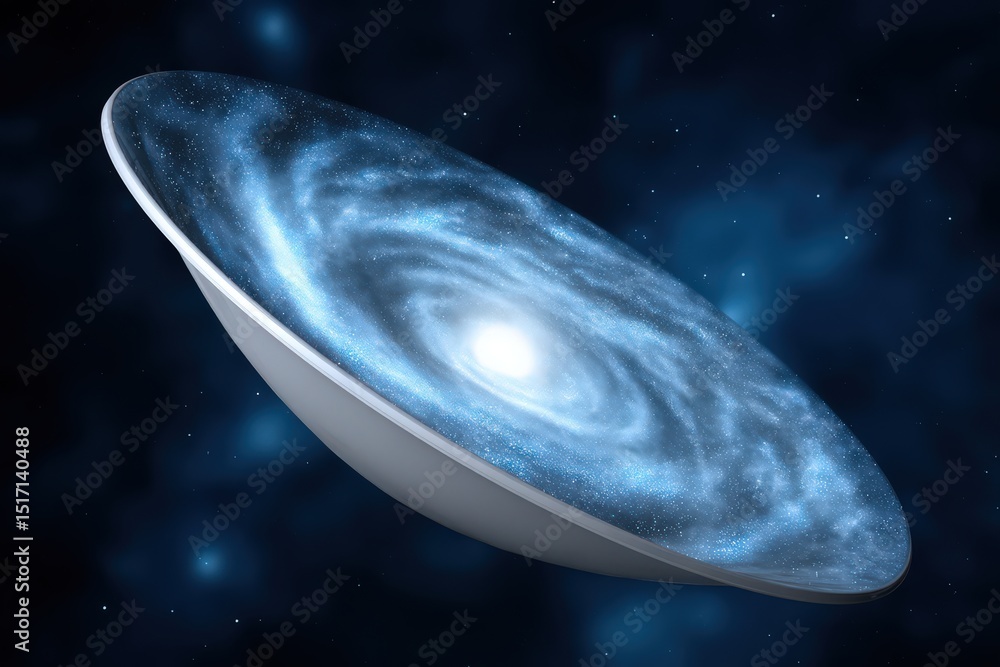 Poster visual representation of a cosmic spiral galaxy emerging from a deep space setting where intricate s