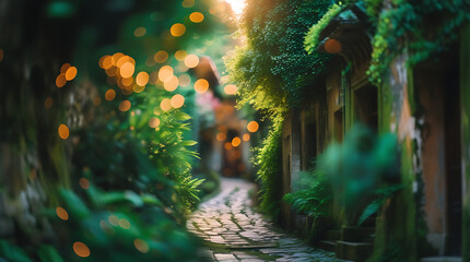 Serene bokeh effect photography capturing the tranquil essence of a rustic village.