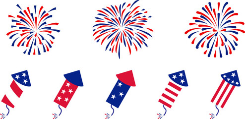 4th july Independence Day fireworks collection .Red, blue fireworks for 4th of July .Fourth of July elements .United States of America celebration firecrackers set. USA flag, exploding fireworks .