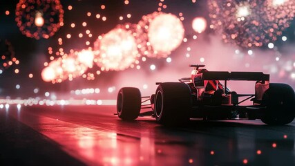 Rear view of Formula 1 car under dramatic red fireworks at night with glowing reflections

