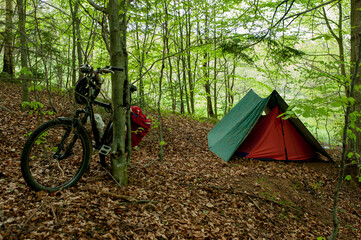 tourist tent stands on a green meadow against the backdrop of forests and peaks