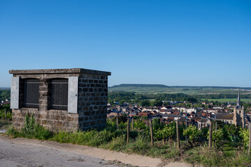 Wine cellar vent shafts on grand cru hilly vineyards near village Ay-Champange, Vallee de la Marne, Champagne region, France, row of pinot noir grape plants and old houses in village