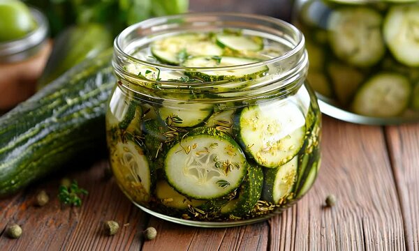 Close up of Pickled Sliced Cucumbers with Herbs and Spices in a Glass Jar on Rustic Wooden Table Food Still Life