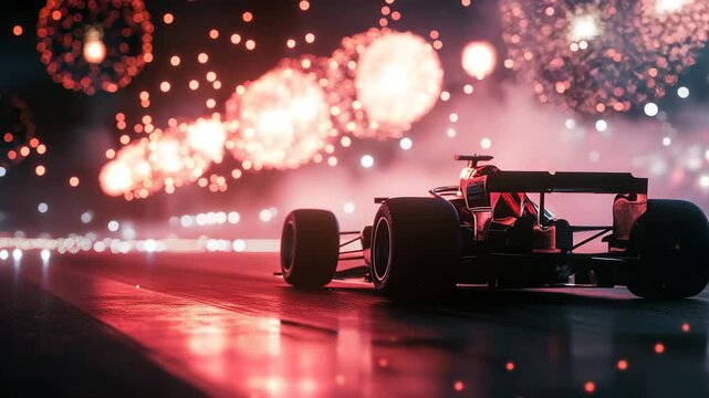 Rear view of Formula 1 car under dramatic red fireworks at night with glowing reflections

