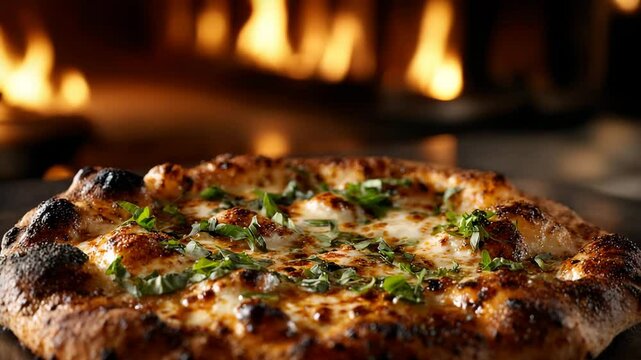 Close-up of rustic wood-fired Margherita pizza with melted cheese and fresh basil leaves

