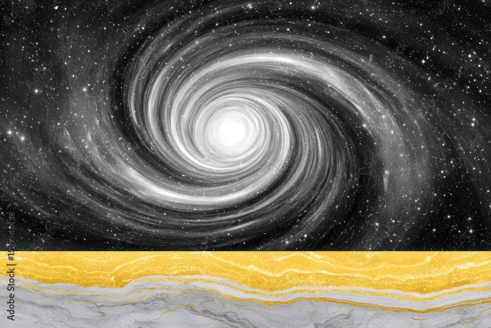 Poster celestial swirl creating a cosmic spiral in the universe contrasting with golden marble texture symb