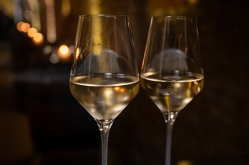 Visit of wine cellar, tasting of brut champagne sparkling wine produced by traditional method in underground caves close up