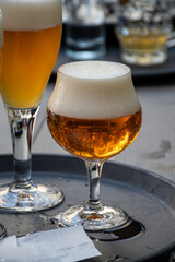 Belgian beer in glass in old brewery in Bruges, strong triple, tasty beverage, lunch with beer, tourist destination, Flanders, Belgium