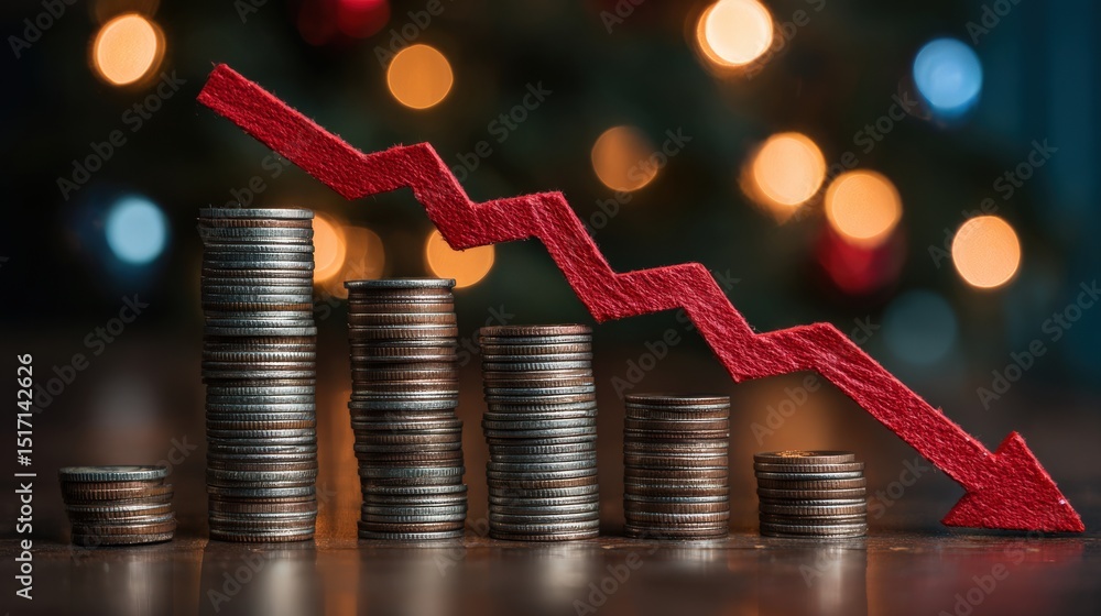 Poster stacks of coins decrease in size from left to right, with a red downward arrow symbolizing financial