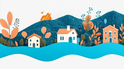 wildfire and architecture concept. Whimsical illustration of houses among mountains and trees beside water.
