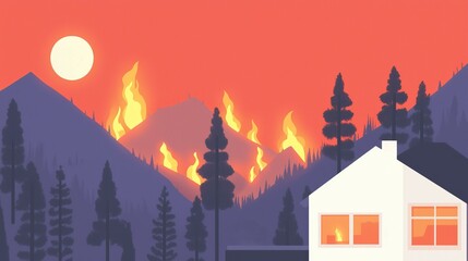 wildfire and architecture concept. Fiery mountains and a house under a sunset sky.