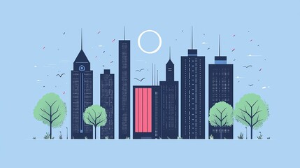 wildfire and architecture concept. City skyline with trees and blue background.