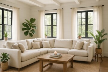 Cozy hygge living room corner with a plush velvet sofa, chunky knit throw, steaming mug of tea on a reclaimed wood coffee table, and soft ambient lamplight.